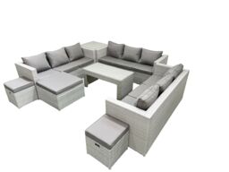 Fimous Rattan Garden Outdoor Furniture Set 12 Seater Garden Sofa Oblong Coffee Table Set with 3 Footstools Side Table Light Grey Mixed - thumbnail 2