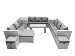 Fimous Rattan Garden Outdoor Furniture Set 12 Seater Garden Sofa Oblong Coffee Table Set with 3 Footstools Side Table Light Grey Mixed - thumbnail 1