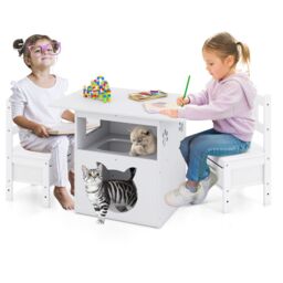 Costway Kids Table & Chairs Set 3 Pieces Wooden Children Furniture in White - thumbnail 2