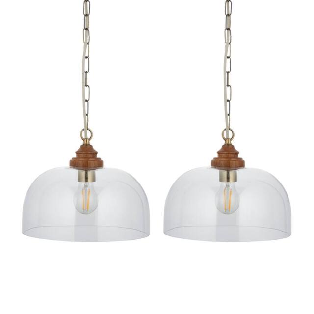 First Choice Lighting Set of 2 Rutherford - Antique Brass with Wood Ceiling Pendant Lights in Bronze - image 1