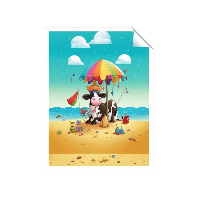 "Warren Reed - Designer Cow On A Beach Holiday Unframed Art Print - Size: W24"" x H36""" - image 1