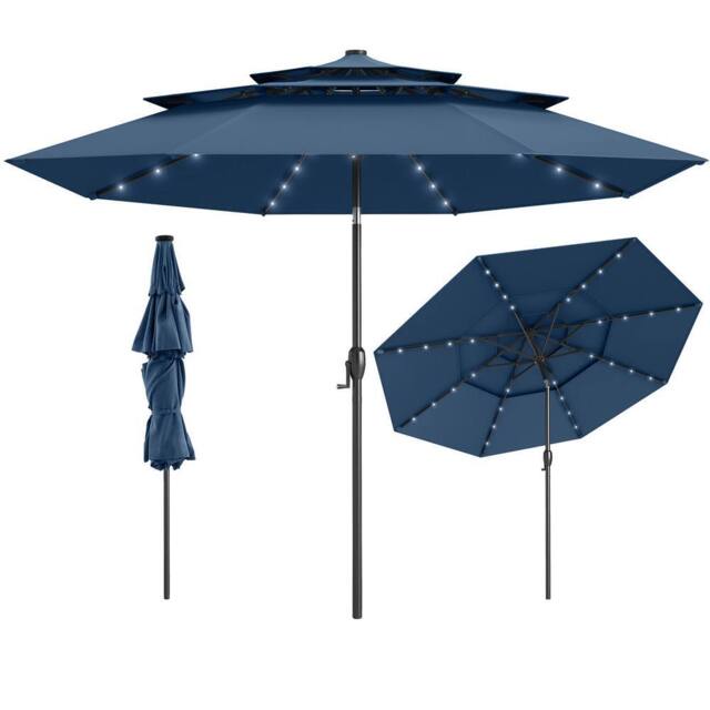 Costway 297cm Solar Patio Umbrella Market Sunshade w/32 LED Lights in Navy - image 1
