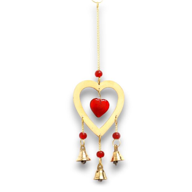 KDMD Indian Chimes - Brass With Ruby Glass Heart Beads - 3 Bells in Gold