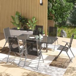 OUTSUNNY 7 Piece Outdoor Dining Set w/ Extendable Table & 6 Folding Chairs in Black - thumbnail 1