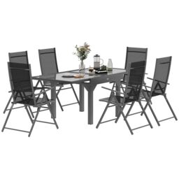 OUTSUNNY 7 Piece Outdoor Dining Set w/ Extendable Table & 6 Folding Chairs in Black - thumbnail 2