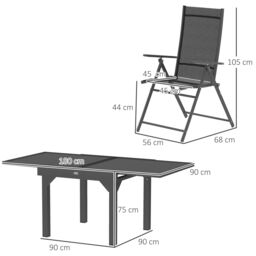 OUTSUNNY 7 Piece Outdoor Dining Set w/ Extendable Table & 6 Folding Chairs in Black - thumbnail 3