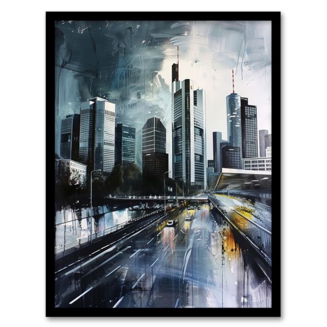 "Artery8 Frankfurt City Skyline Germany Cityscape Painting Framed Art Print in Grey - Size: W12"" x H16""" - image 1