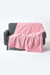 Homescapes Velvet Quilted Throw 100% Cotton, Soft & Luxurious Blanket in Pink - Size: 150 cm x 200 cm