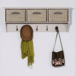 Statement Furniture Tetbury Large Coat Rack Hanging Shelf with 3 Brown Storage Baskets in Taupe