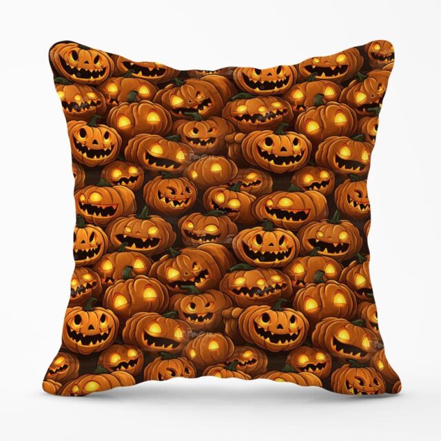 Warren Reed - Designer Grinning Lanterns Pumpkins With Glowing Eyes Outdoor Cushion in Orange - Size: 60 cm x 60 cm - image 1