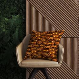 Warren Reed - Designer Grinning Lanterns Pumpkins With Glowing Eyes Outdoor Cushion in Orange - Size: 60 cm x 60 cm - thumbnail 2
