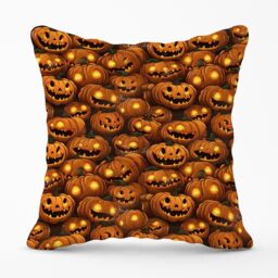 Warren Reed - Designer Grinning Lanterns Pumpkins With Glowing Eyes Outdoor Cushion in Orange - Size: 60 cm x 60 cm - thumbnail 1