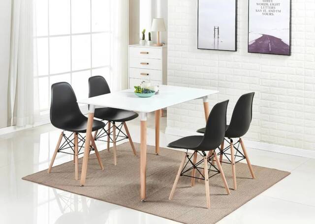 Interior Emporium Ltd Modern 5-Piece Dining Table & Chairs Set - White Table with Wooden Legs - with Black Chairs - image 1