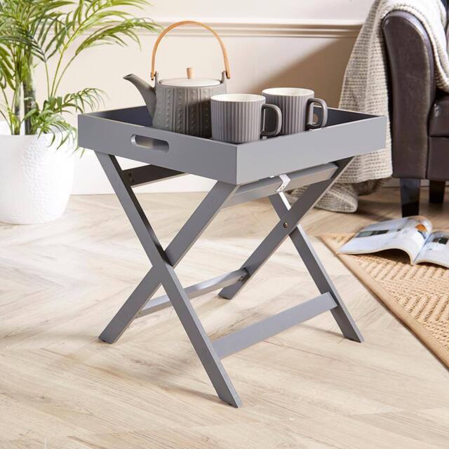 Home Source Folding Butlers Side Table Portable Wood Food Serving Tray Drink Tea in Grey - image 1