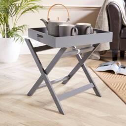 Home Source Folding Butlers Side Table Portable Wood Food Serving Tray Drink Tea in Grey - thumbnail 2
