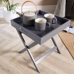 Home Source Folding Butlers Side Table Portable Wood Food Serving Tray Drink Tea in Grey - thumbnail 6
