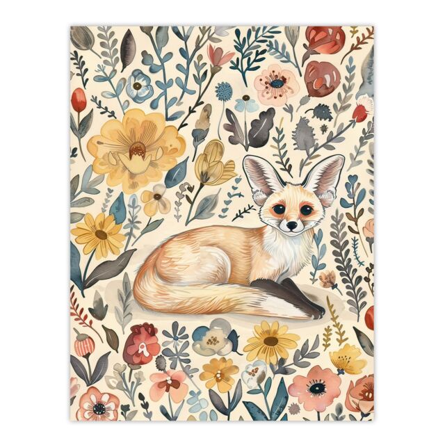 "Artery8 Cute Fennec Fox Boho Flower Pattern Watercolour Wall Art Print - Size: W12"" x H16""" - image 1