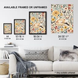 "Artery8 Cute Fennec Fox Boho Flower Pattern Watercolour Wall Art Print - Size: W12"" x H16""" - thumbnail 3