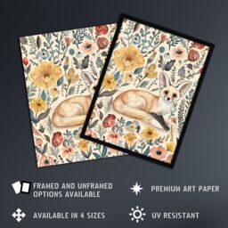 "Artery8 Cute Fennec Fox Boho Flower Pattern Watercolour Wall Art Print - Size: W12"" x H16""" - thumbnail 2