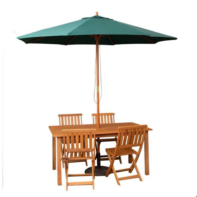 Samuel Alexander 4 Person Wooden Patio Dining Table Chairs with Green Parasol & Base in Brown