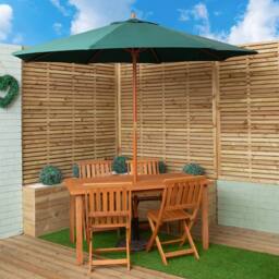 Samuel Alexander 4 Person Wooden Patio Dining Table Chairs with Green Parasol & Base in Brown - thumbnail 2