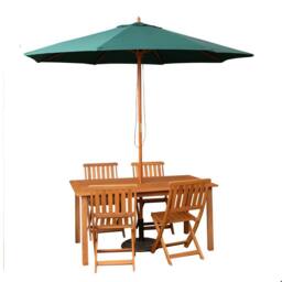 Samuel Alexander 4 Person Wooden Patio Dining Table Chairs with Green Parasol & Base in Brown - thumbnail 1