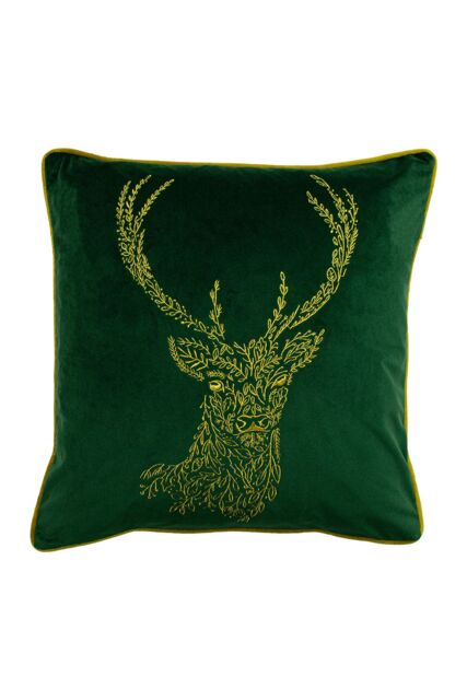 Furn Forest Fauna Embroidered Woodland Stag Piped Cushion in Emerald - Size: 50 cm x 50 cm - image 1