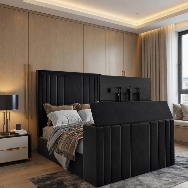 KDMD Yedingham Upholstered Soft Velvet Black Tv Bespoke Bed Frame - Size: Small Double - image 1