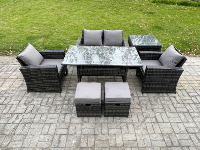 Fimous PE Wicker Outdoor Garden Furniture Set Patio Furniture Rattan Rectangular Dining Table Lounge Sofa in Dark Grey