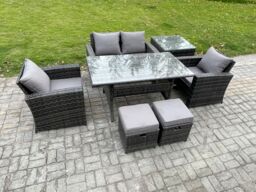 Fimous PE Wicker Outdoor Garden Furniture Set Patio Furniture Rattan Rectangular Dining Table Lounge Sofa in Dark Grey - thumbnail 2