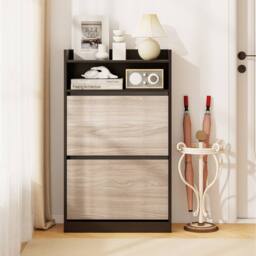 Costway Slim Hidden Narrow Shoe Organizer Cabinet with Open Storage-Black in Black - thumbnail 5