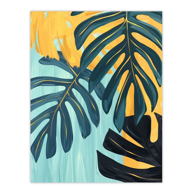 "Artery8 Monstera Deliciosa Leaves Teal Yellow Painting Wall Art Print - Size: W12"" x H16""" - image 1