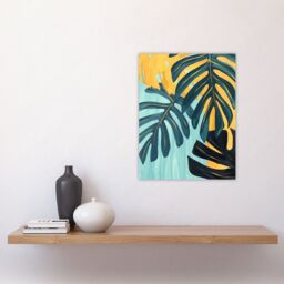 "Artery8 Monstera Deliciosa Leaves Teal Yellow Painting Wall Art Print - Size: W12"" x H16""" - thumbnail 4