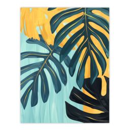 "Artery8 Monstera Deliciosa Leaves Teal Yellow Painting Wall Art Print - Size: W12"" x H16""" - thumbnail 1