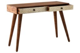 Orsina Acacia Wood Console Table with Embossed Drawers, Travel-Inspired 2 Drawer Entryway Table in Natural - thumbnail 3