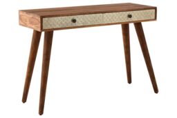 Orsina Acacia Wood Console Table with Embossed Drawers, Travel-Inspired 2 Drawer Entryway Table in Natural - thumbnail 2