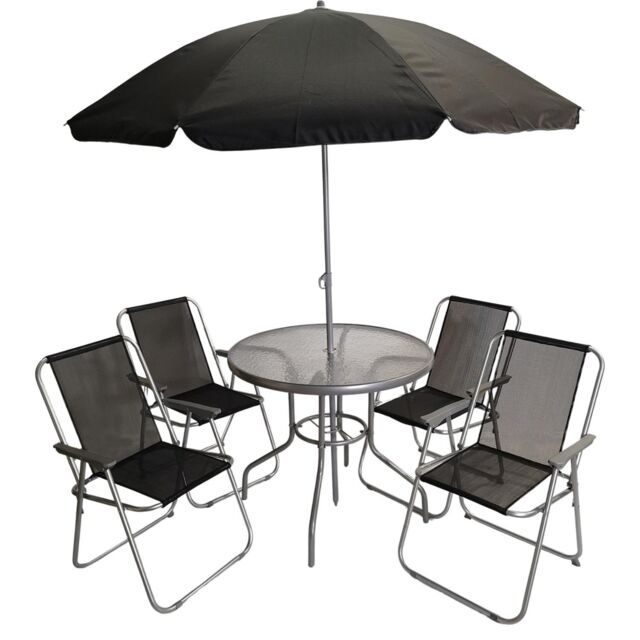 Samuel Alexander 4 Seater Garden Table & Chairs Set 4 Folding Chairs Outdoor Glass Table Garden Dining Set w/ Black Parasol Umbrella Patio Furniture - image 1