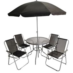 Samuel Alexander 4 Seater Garden Table & Chairs Set 4 Folding Chairs Outdoor Glass Table Garden Dining Set w/ Black Parasol Umbrella Patio Furniture - thumbnail 1
