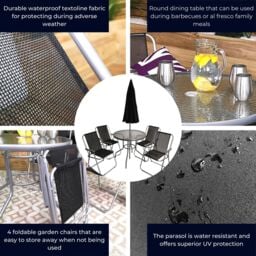 Samuel Alexander 4 Seater Garden Table & Chairs Set 4 Folding Chairs Outdoor Glass Table Garden Dining Set w/ Black Parasol Umbrella Patio Furniture - thumbnail 5