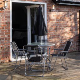 Samuel Alexander 4 Seater Garden Table & Chairs Set 4 Folding Chairs Outdoor Glass Table Garden Dining Set w/ Black Parasol Umbrella Patio Furniture - thumbnail 2