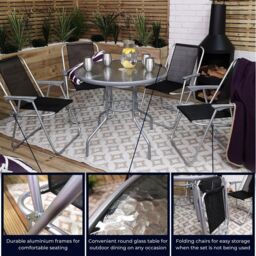 Samuel Alexander 4 Seater Garden Table & Chairs Set 4 Folding Chairs Outdoor Glass Table Garden Dining Set w/ Black Parasol Umbrella Patio Furniture - thumbnail 4