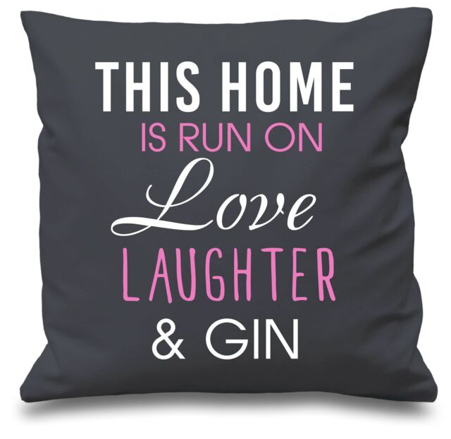 "60 SECOND MAKEOVER Grey Cushion Cover This Home Is Run By Love Laughter & Gin 16"" x 16"" Mum Friend Gift Decorative Cushion Home - Size: 40 cm x 40 cm"