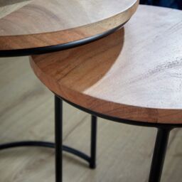 Home Source Nest 2 Tables Round Acacia Wood Tables Iron Legs Home Compact Storage in Light Oak - thumbnail 5