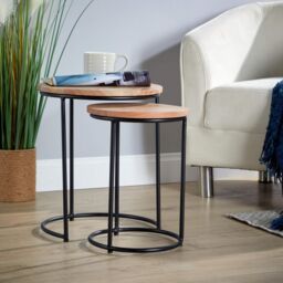 Home Source Nest 2 Tables Round Acacia Wood Tables Iron Legs Home Compact Storage in Light Oak - thumbnail 3