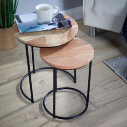 Home Source Nest 2 Tables Round Acacia Wood Tables Iron Legs Home Compact Storage in Light Oak - thumbnail 2