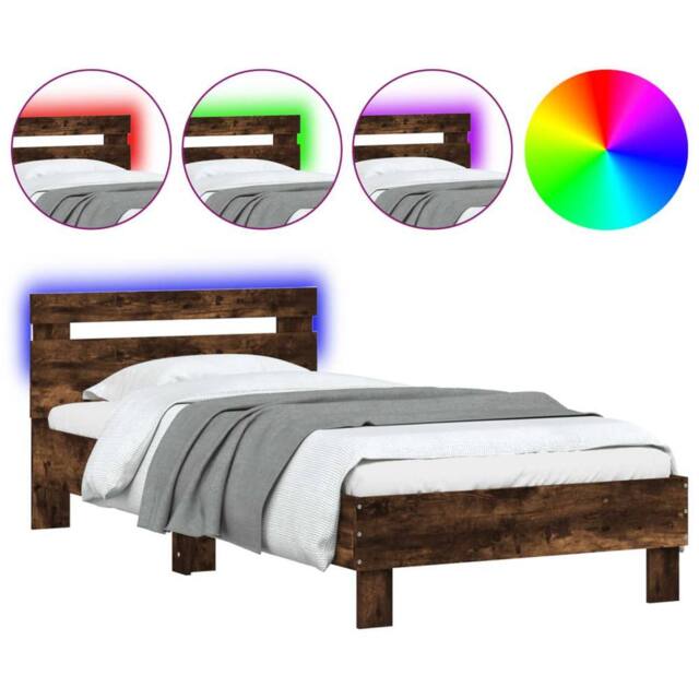 Berkfield Home Bed Frame with Headboard & LED Lights Smoked Oak 90x190 cm Single in Brown - image 1
