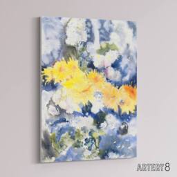 "Artery8 Yellow & Blue Floral Watercolour Demuth Canvas Wall Art Print - Size: W12"" x H16""" - thumbnail 2