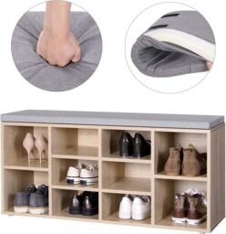 VASAGLE 10 Compartment Shoe Bench Storage Unit with Cushion Entrance in Natural - thumbnail 5
