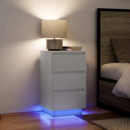 Berkfield Home Bedside Cabinet with LED Lights¬†White 38x34x65 cm in White - Size: 38 x 34 x 65 cm - thumbnail 1