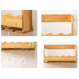 VOGREX Wall Mounted Bamboo Wine Rack Glass Holder Display Shelf in Beige - thumbnail 3